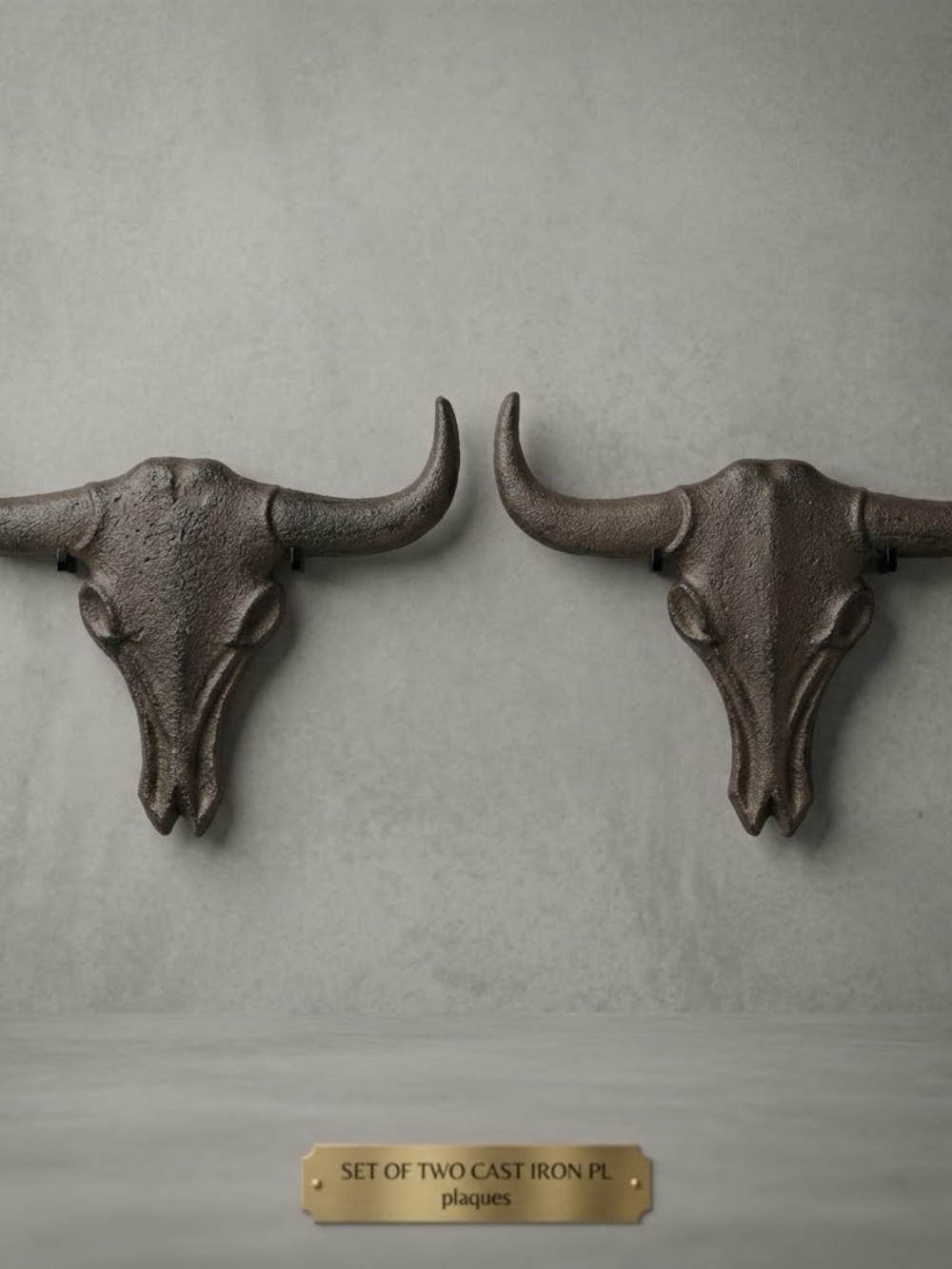 Rustic Cast Iron Longhorn Steer Skull Wall Decor – Set of 2